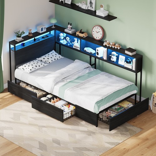 Twin corner bed frame with - bed, led